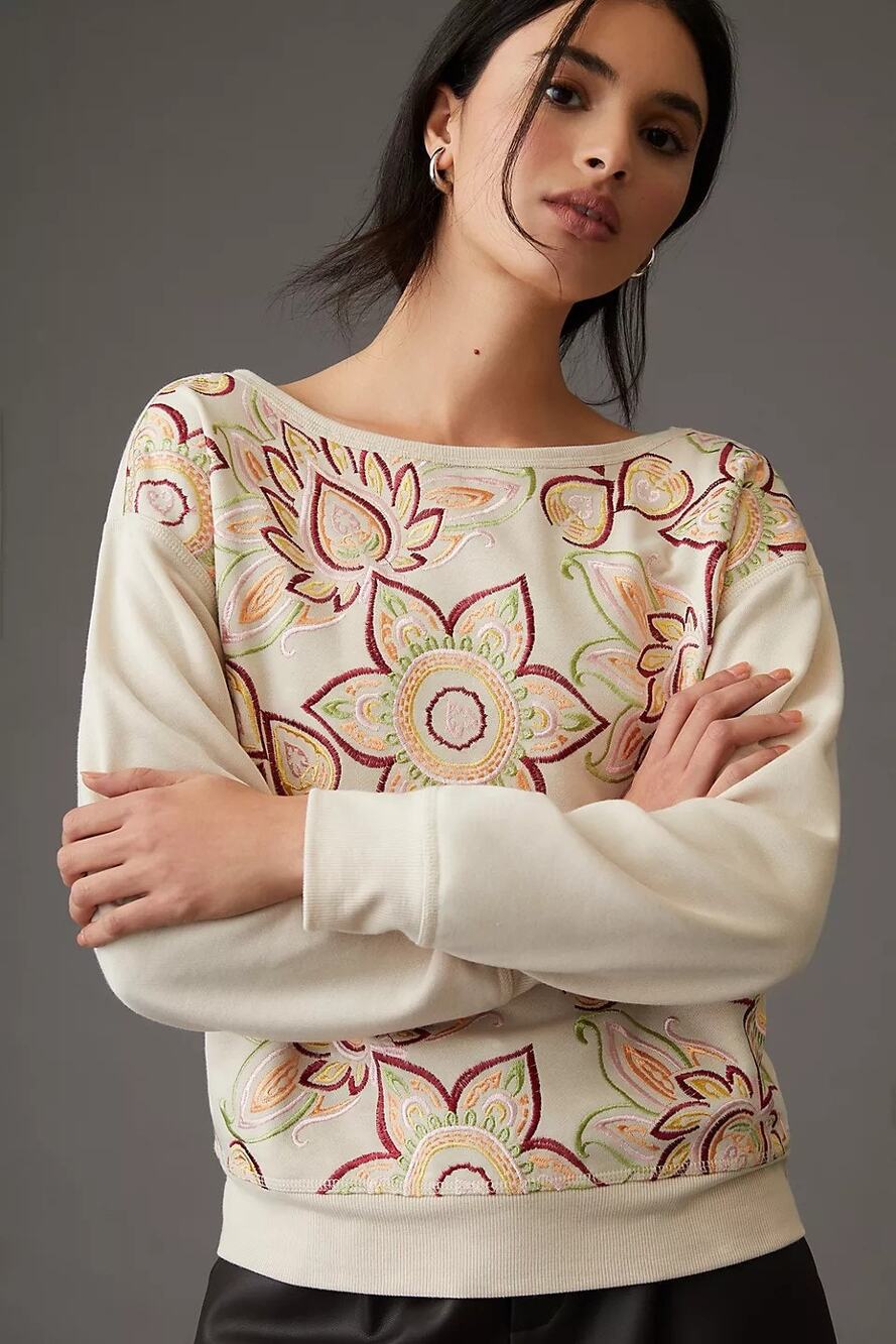 New Anthropologie Tiny Helena Floral Embroidered Pullover Sweatshirt $128 XS